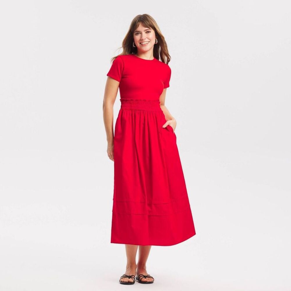 Women's Short Sleeve Smocked Waist Midi T-Shirt Dress - A New Day Red S
